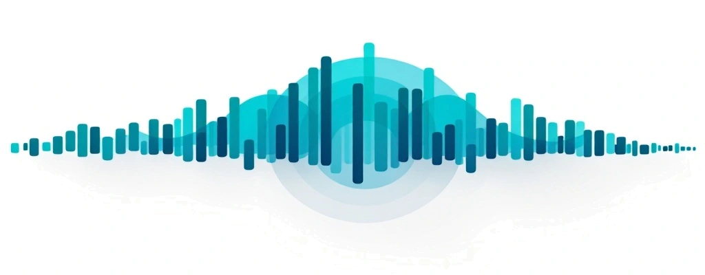 Abstract visualisation of a voice as an audio waveform, in teal and cyan